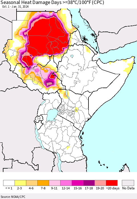 Eastern Africa Seasonal Heat Damage Days >=38°C/100°F (CPC) Thematic Map For 10/1/2023 - 1/31/2024