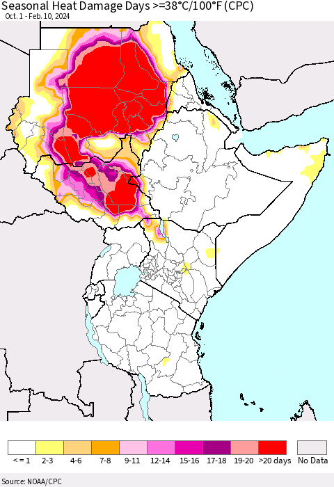 Eastern Africa Seasonal Heat Damage Days >=38°C/100°F (CPC) Thematic Map For 10/1/2023 - 2/10/2024