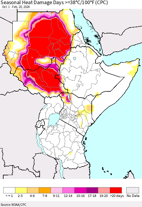 Eastern Africa Seasonal Heat Damage Days >=38°C/100°F (CPC) Thematic Map For 10/1/2023 - 2/20/2024