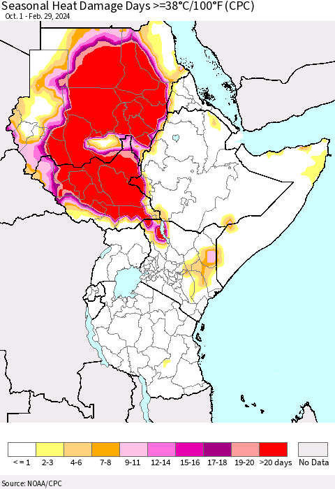 Eastern Africa Seasonal Heat Damage Days >=38°C/100°F (CPC) Thematic Map For 10/1/2023 - 2/29/2024