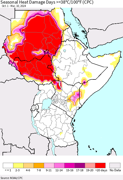 Eastern Africa Seasonal Heat Damage Days >=38°C/100°F (CPC) Thematic Map For 10/1/2023 - 3/10/2024