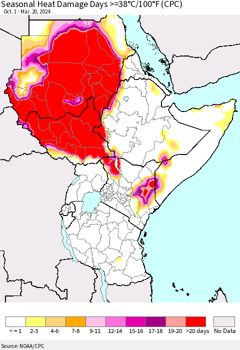 Eastern Africa Seasonal Heat Damage Days >=38°C/100°F (CPC) Thematic Map For 10/1/2023 - 3/20/2024