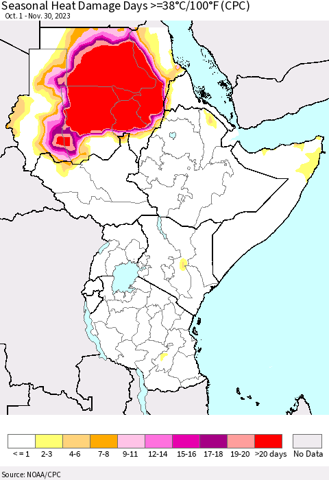 Eastern Africa Seasonal Heat Damage Days >=38°C/100°F (CPC) Thematic Map For 10/1/2023 - 11/30/2023