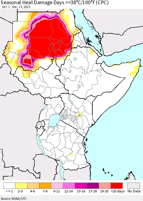 Eastern Africa Seasonal Heat Damage Days >=38°C/100°F (CPC) Thematic Map For 10/1/2023 - 12/15/2023