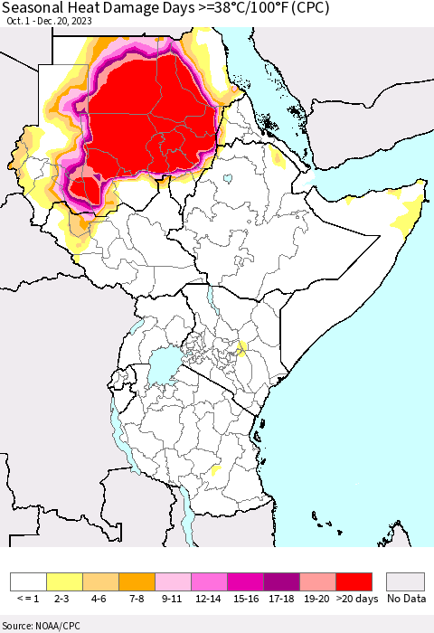 Eastern Africa Seasonal Heat Damage Days >=38°C/100°F (CPC) Thematic Map For 10/1/2023 - 12/20/2023