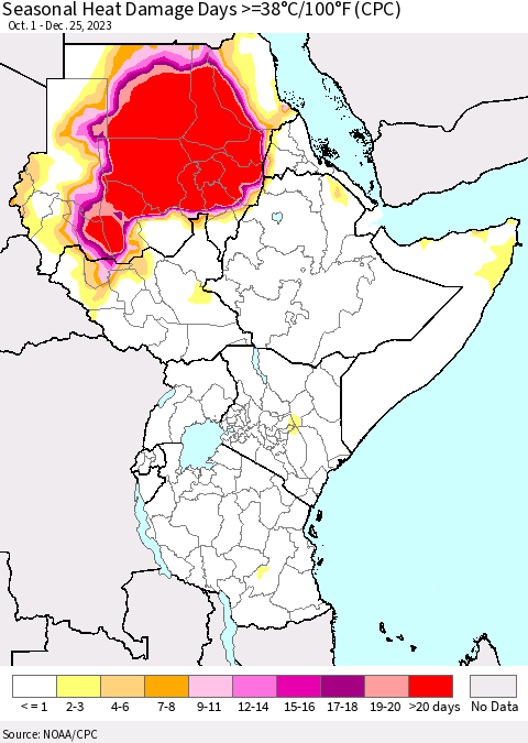 Eastern Africa Seasonal Heat Damage Days >=38°C/100°F (CPC) Thematic Map For 10/1/2023 - 12/25/2023