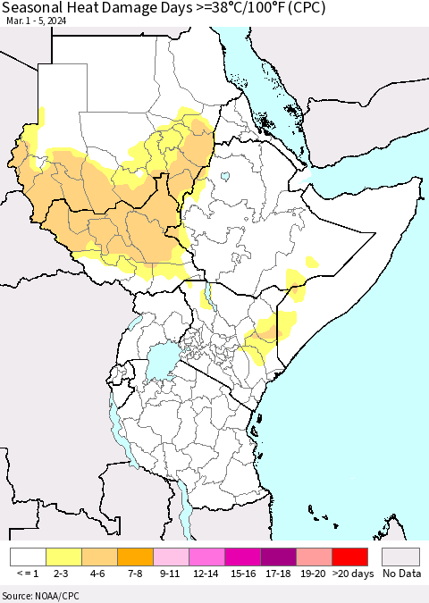 Eastern Africa Seasonal Heat Damage Days >=38°C/100°F (CPC) Thematic Map For 3/1/2024 - 3/5/2024