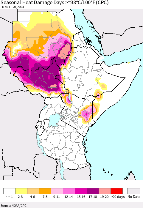 Eastern Africa Seasonal Heat Damage Days >=38°C/100°F (CPC) Thematic Map For 3/1/2024 - 3/20/2024