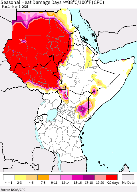 Eastern Africa Seasonal Heat Damage Days >=38°C/100°F (CPC) Thematic Map For 3/1/2024 - 5/5/2024