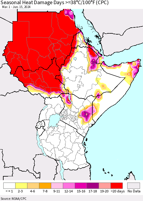 Eastern Africa Seasonal Heat Damage Days >=38°C/100°F (CPC) Thematic Map For 3/1/2024 - 6/15/2024