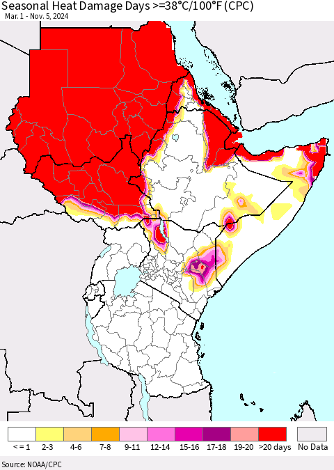 Eastern Africa Seasonal Heat Damage Days >=38°C/100°F (CPC) Thematic Map For 3/1/2024 - 11/5/2024
