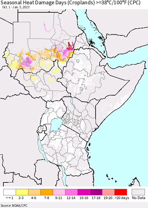 Eastern Africa Seasonal Heat Damage Days (Croplands) >=38°C/100°F (CPC) Thematic Map For 10/1/2022 - 1/5/2023