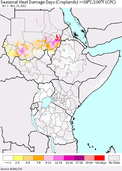 Eastern Africa Seasonal Heat Damage Days (Croplands) >=38°C/100°F (CPC) Thematic Map For 10/1/2022 - 11/25/2022