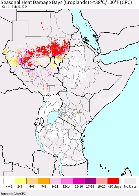 Eastern Africa Seasonal Heat Damage Days (Croplands) >=38°C/100°F (CPC) Thematic Map For 10/1/2023 - 2/5/2024