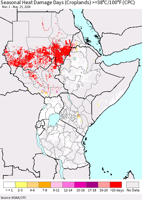 Eastern Africa Seasonal Heat Damage Days (Croplands) >=38°C/100°F (CPC) Thematic Map For 3/1/2024 - 5/25/2024