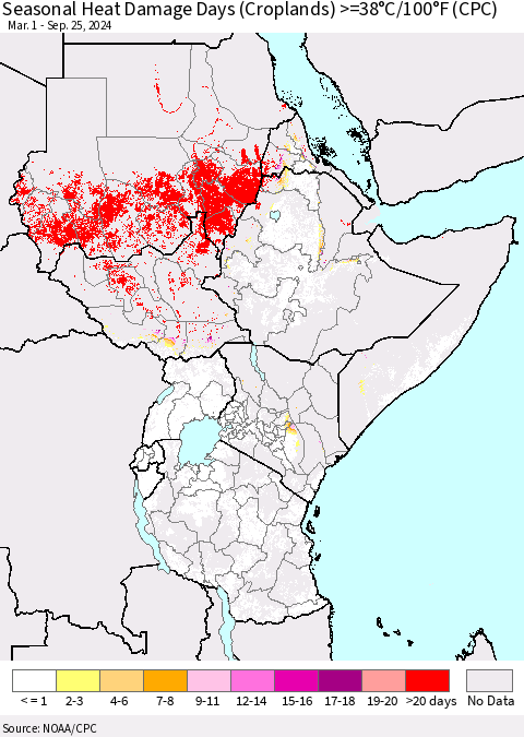 Eastern Africa Seasonal Heat Damage Days (Croplands) >=38°C/100°F (CPC) Thematic Map For 3/1/2024 - 9/25/2024
