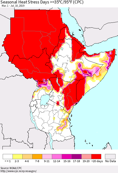 Eastern Africa Seasonal Heat Stress Days >=35°C/95°F (CPC) Thematic Map For 3/1/2019 - 7/10/2019