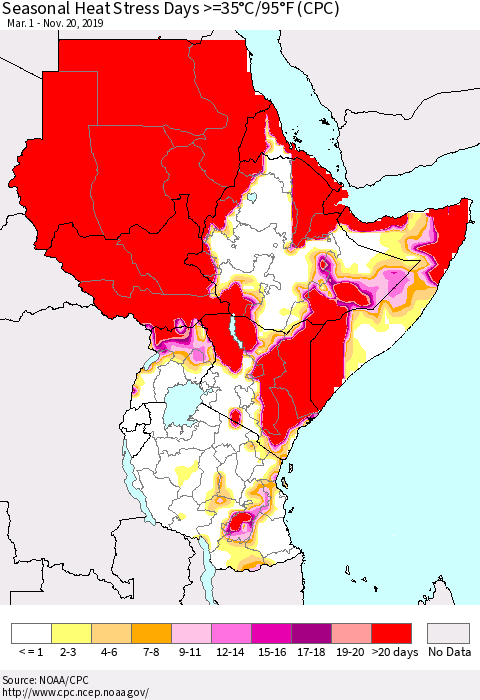 Eastern Africa Seasonal Heat Stress Days >=35°C/95°F (CPC) Thematic Map For 3/1/2019 - 11/20/2019