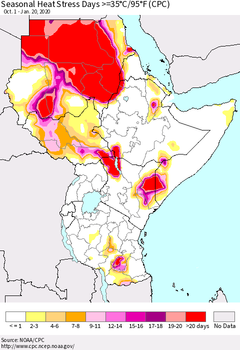 Eastern Africa Seasonal Heat Stress Days >=35°C/95°F (CPC) Thematic Map For 10/1/2019 - 1/20/2020