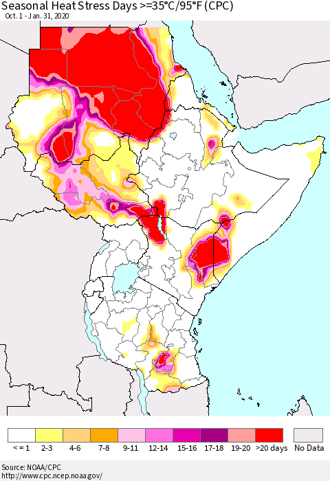 Eastern Africa Seasonal Heat Stress Days >=35°C/95°F (CPC) Thematic Map For 10/1/2019 - 1/31/2020
