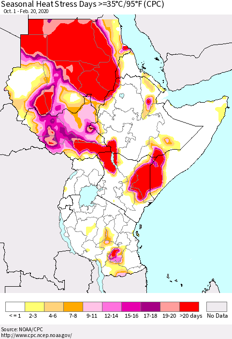 Eastern Africa Seasonal Heat Stress Days >=35°C/95°F (CPC) Thematic Map For 10/1/2019 - 2/20/2020