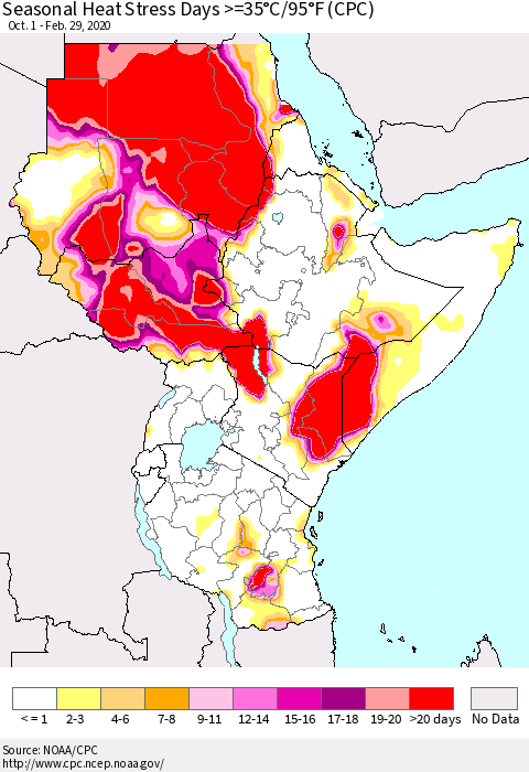 Eastern Africa Seasonal Heat Stress Days >=35°C/95°F (CPC) Thematic Map For 10/1/2019 - 2/29/2020