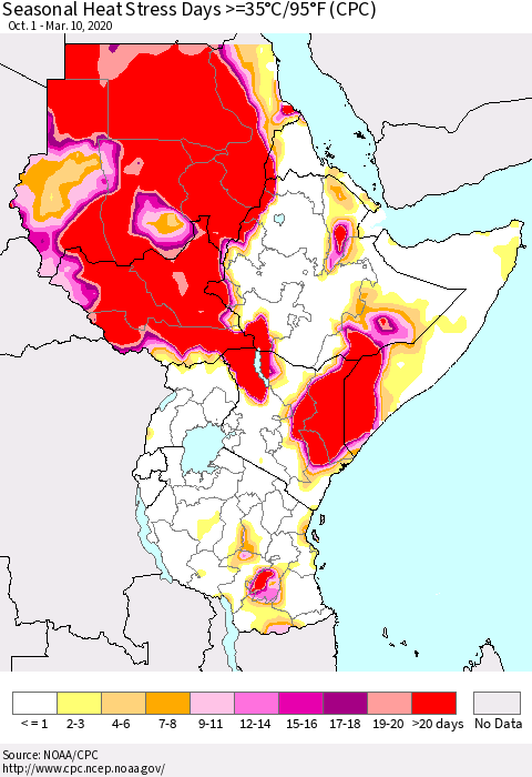 Eastern Africa Seasonal Heat Stress Days >=35°C/95°F (CPC) Thematic Map For 10/1/2019 - 3/10/2020
