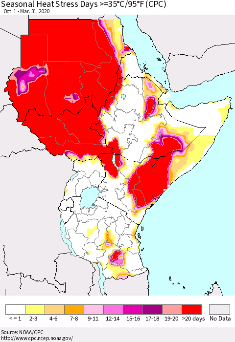 Eastern Africa Seasonal Heat Stress Days >=35°C/95°F (CPC) Thematic Map For 10/1/2019 - 3/31/2020