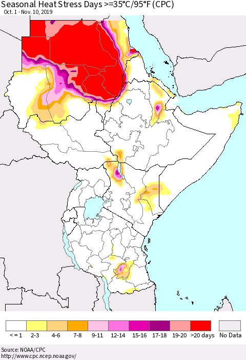 Eastern Africa Seasonal Heat Stress Days >=35°C/95°F (CPC) Thematic Map For 10/1/2019 - 11/10/2019