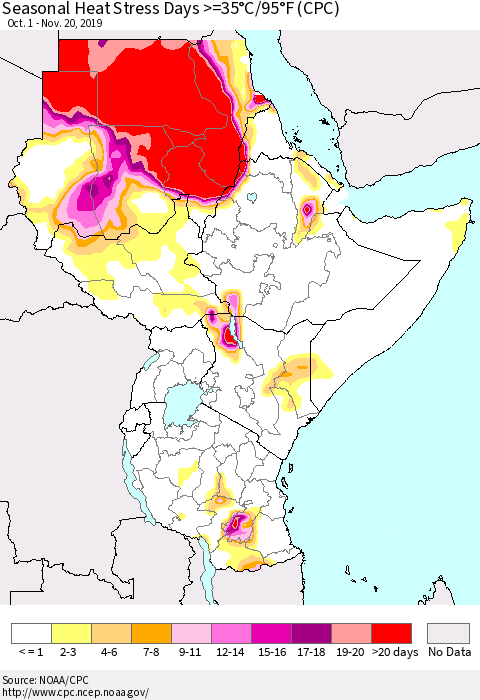 Eastern Africa Seasonal Heat Stress Days >=35°C/95°F (CPC) Thematic Map For 10/1/2019 - 11/20/2019