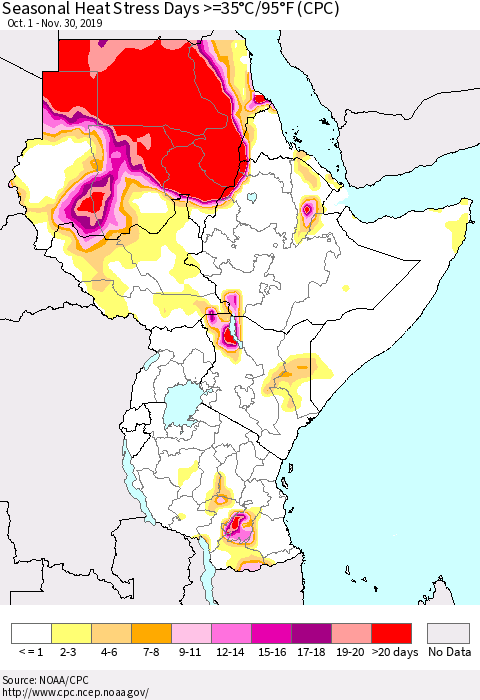 Eastern Africa Seasonal Heat Stress Days >=35°C/95°F (CPC) Thematic Map For 10/1/2019 - 11/30/2019