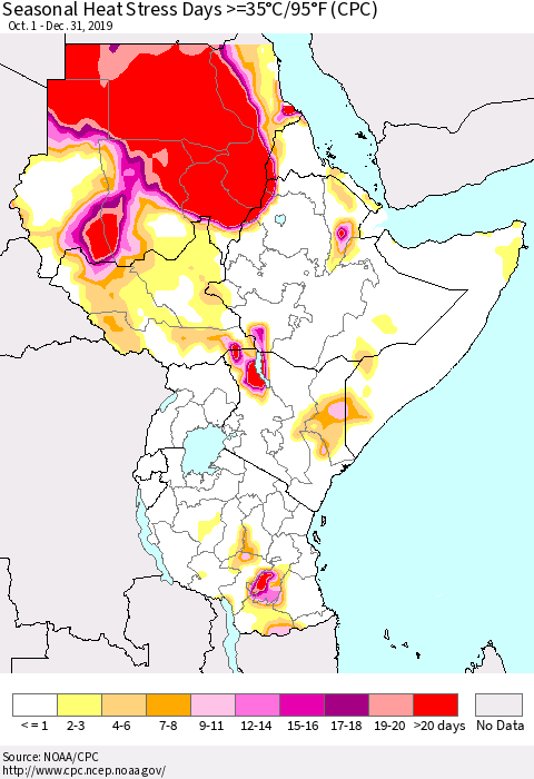 Eastern Africa Seasonal Heat Stress Days >=35°C/95°F (CPC) Thematic Map For 10/1/2019 - 12/31/2019