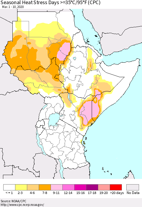 Eastern Africa Seasonal Heat Stress Days >=35°C/95°F (CPC) Thematic Map For 3/1/2020 - 3/10/2020