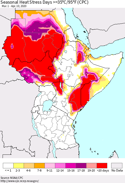 Eastern Africa Seasonal Heat Stress Days >=35°C/95°F (CPC) Thematic Map For 3/1/2020 - 4/10/2020
