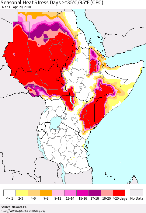Eastern Africa Seasonal Heat Stress Days >=35°C/95°F (CPC) Thematic Map For 3/1/2020 - 4/20/2020