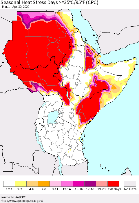 Eastern Africa Seasonal Heat Stress Days >=35°C/95°F (CPC) Thematic Map For 3/1/2020 - 4/30/2020