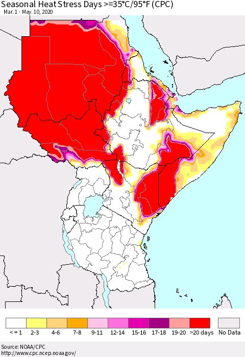 Eastern Africa Seasonal Heat Stress Days >=35°C/95°F (CPC) Thematic Map For 3/1/2020 - 5/10/2020