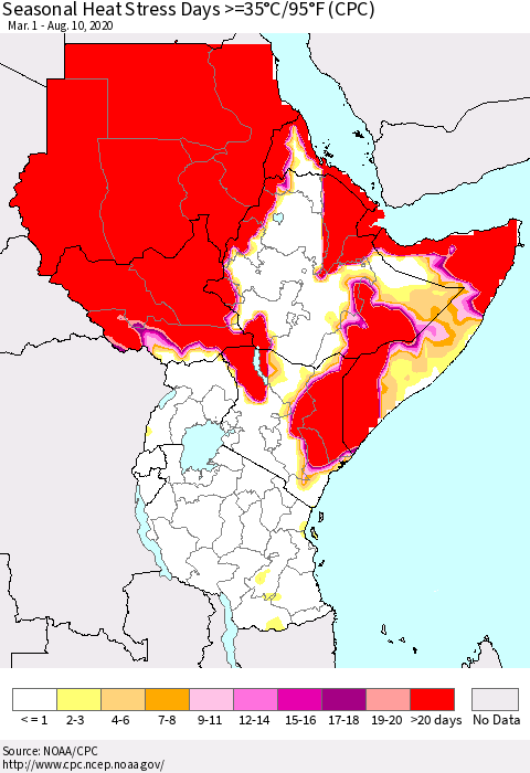 Eastern Africa Seasonal Heat Stress Days >=35°C/95°F (CPC) Thematic Map For 3/1/2020 - 8/10/2020