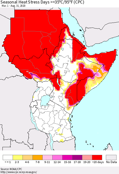 Eastern Africa Seasonal Heat Stress Days >=35°C/95°F (CPC) Thematic Map For 3/1/2020 - 8/31/2020