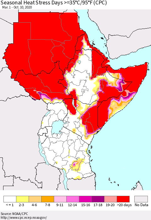 Eastern Africa Seasonal Heat Stress Days >=35°C/95°F (CPC) Thematic Map For 3/1/2020 - 10/10/2020