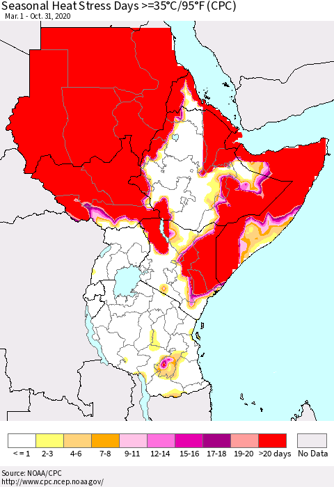 Eastern Africa Seasonal Heat Stress Days >=35°C/95°F (CPC) Thematic Map For 3/1/2020 - 10/31/2020