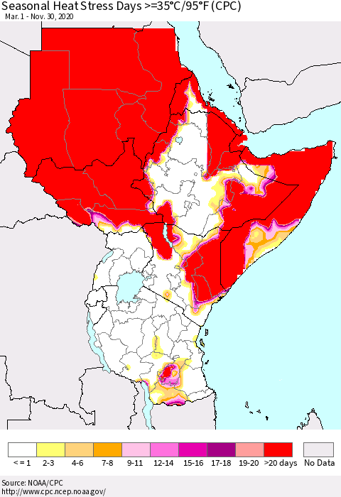 Eastern Africa Seasonal Heat Stress Days >=35°C/95°F (CPC) Thematic Map For 3/1/2020 - 11/30/2020