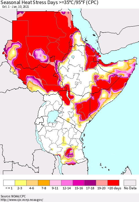 Eastern Africa Seasonal Heat Stress Days >=35°C/95°F (CPC) Thematic Map For 10/1/2020 - 1/10/2021