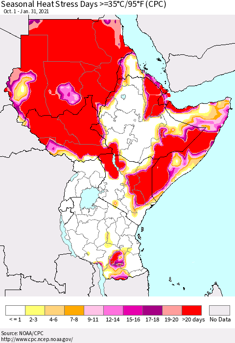 Eastern Africa Seasonal Heat Stress Days >=35°C/95°F (CPC) Thematic Map For 10/1/2020 - 1/31/2021