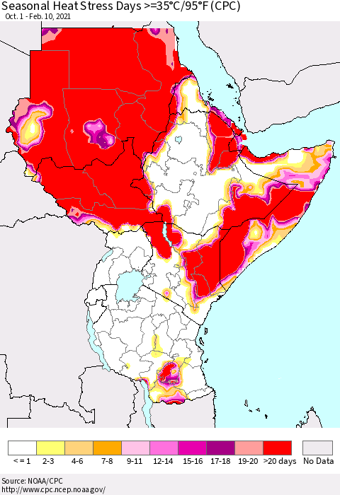Eastern Africa Seasonal Heat Stress Days >=35°C/95°F (CPC) Thematic Map For 10/1/2020 - 2/10/2021
