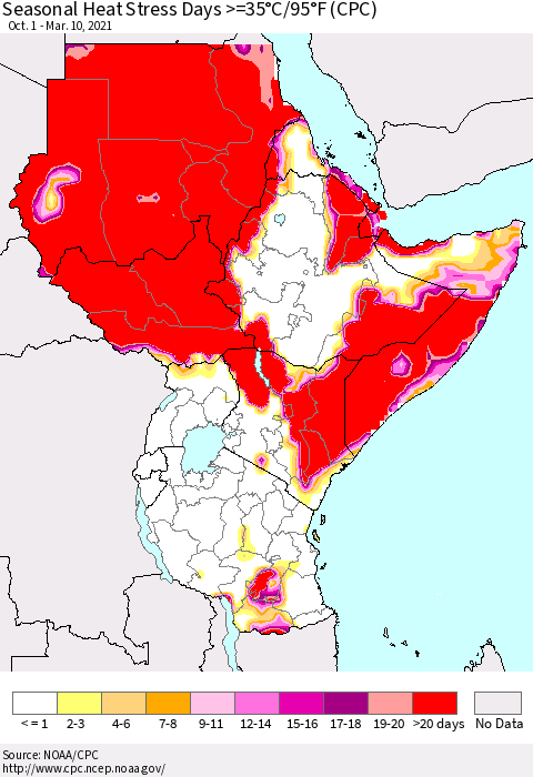 Eastern Africa Seasonal Heat Stress Days >=35°C/95°F (CPC) Thematic Map For 10/1/2020 - 3/10/2021