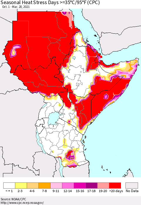 Eastern Africa Seasonal Heat Stress Days >=35°C/95°F (CPC) Thematic Map For 10/1/2020 - 3/20/2021