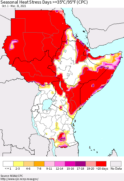 Eastern Africa Seasonal Heat Stress Days >=35°C/95°F (CPC) Thematic Map For 10/1/2020 - 3/31/2021