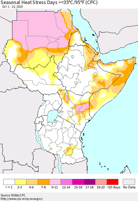Eastern Africa Seasonal Heat Stress Days >=35°C/95°F (CPC) Thematic Map For 10/1/2020 - 10/10/2020