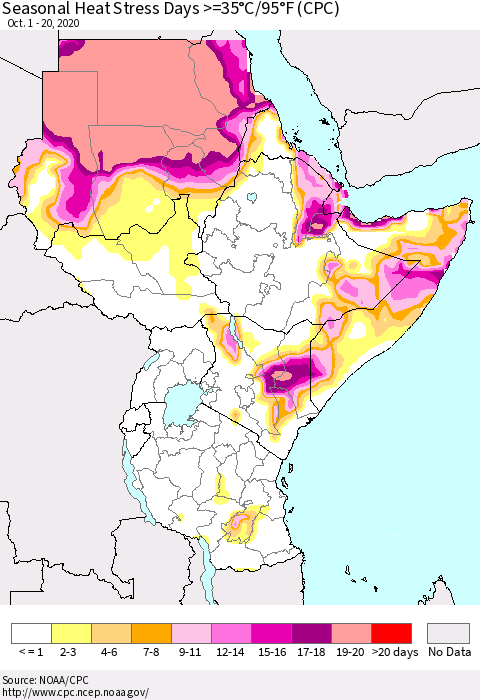 Eastern Africa Seasonal Heat Stress Days >=35°C/95°F (CPC) Thematic Map For 10/1/2020 - 10/20/2020